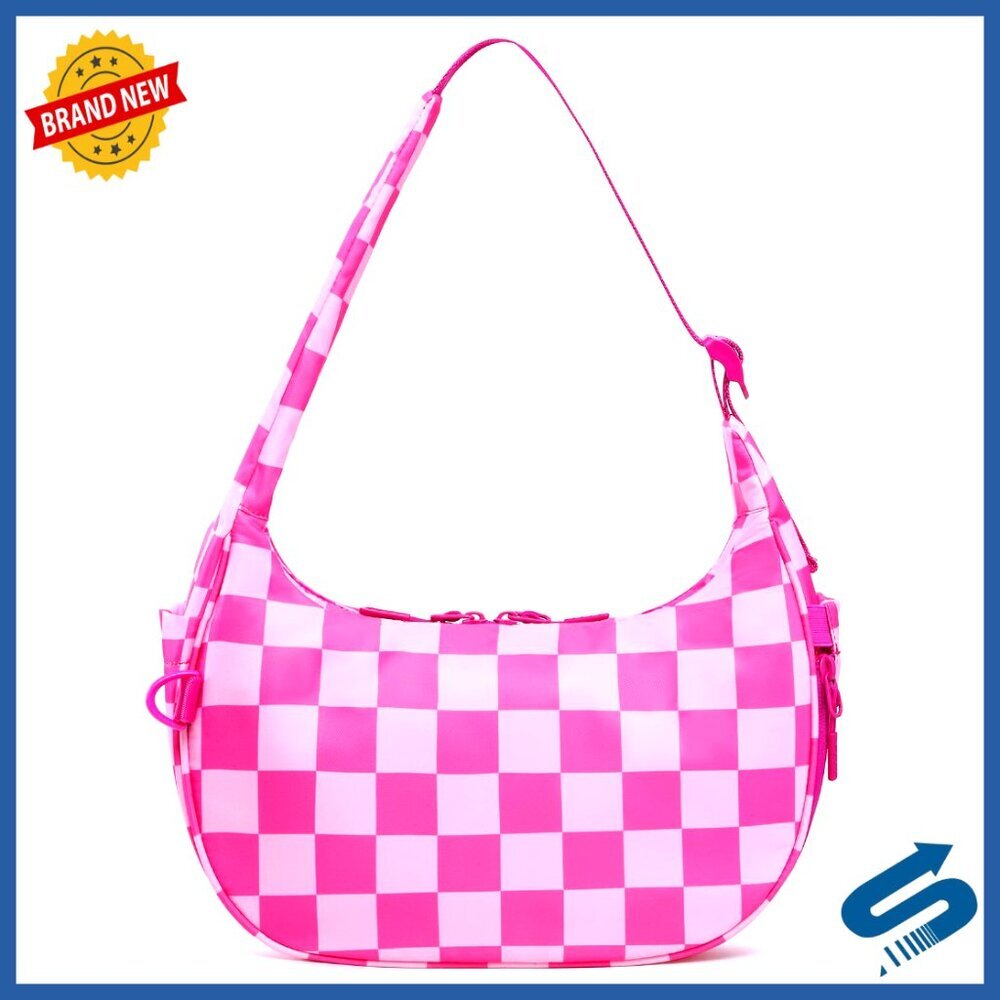 Small Nylon Hobo Shoulder Bag with Checkered Pattern, Anti-Theft Pocket
